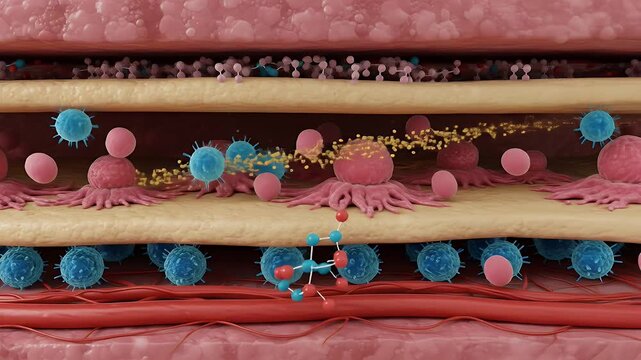 Animated medical visualization of cellular immune response and immune system mechanisms within human tissue during an infection scenario
