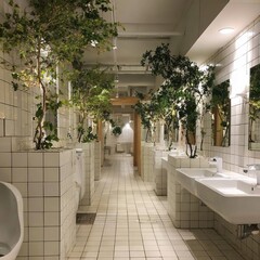 A stylish and unique public restroom designed with greenery, creating a serene and inviting atmosphere. The combination of the minimalist aesthetic and natural elements.