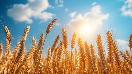 Fototapeta premium Wheat stalks in a field under a sunny sky.