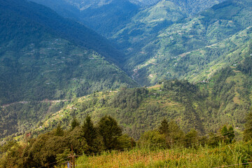 Beautiful Sun rays falling on Himalayan mountain range, play of light, scenic beauty of Okhrey, sikkim, India. Okhrey village a remote place in Sikkim where mountain range view is enjoyed by tourists.