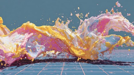 Pink Yellow Gold White Liquid Paint Splash Abstract Background