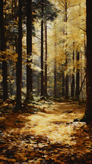 Fototapeta premium Autumn's Golden Embrace: The Enchanting Beauty of Yellow Leaves in a Woodland Symphony