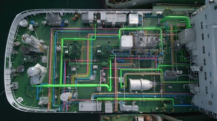 An overhead view of a ships deck illustrating the placement of mechanical equipment including pumps generators and ballast systems all interconnected by colorcoded piping and electrical
