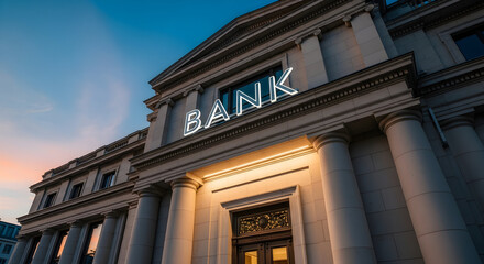 Elegant bank building with illuminated sign at twilight, symbolizing financial stability and architectural grandeur in the city.