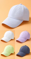 Five pastel colored baseball caps