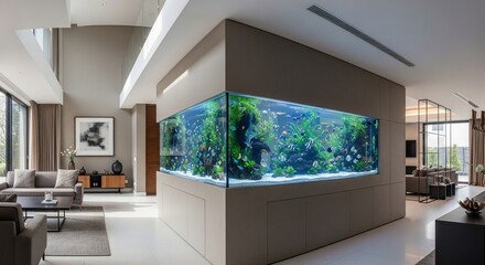 A grand modern living space featuring a large, vibrant built-in aquarium with lush aquatic plants and fish.