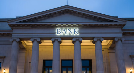 Obraz premium Architectural Bank Facade at Dusk: Grand Columns and Illuminated Sign Reflecting Stability