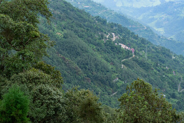 Scenic beauty of Green forests of Himalayan mountains, Okhrey, sikkim, India. Okhrey village is remote place in Sikkim where peaceful, tranquil Himalayan mountain range is enjoyed by tourists.