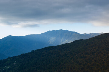 Scenic beauty of layers of mountains, Okhrey, sikkim, India. Okhrey village of one of the remotest places in Sikkim where peaceful, tranquil Himalayan mountain range is enjoyed by tourists from India.