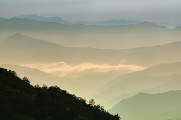 Scenic beauty of layers of mountains, Okhrey, sikkim, India. Okhrey village of one of the remotest places in Sikkim where peaceful, tranquil Himalayan mountain range is enjoyed by tourists from India.