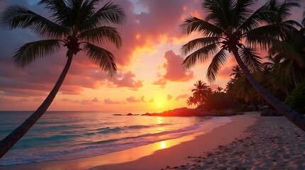 Fototapeta na wymiar Silhouetted palm trees frame a stunning tropical beach sunset over the calm ocean.