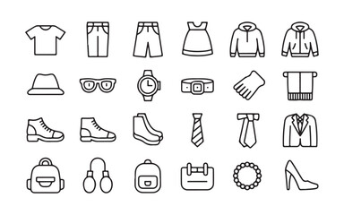 Collection of black outline icons for clothing and accessories t-shirt jeans
