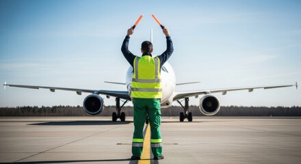 Airport ground crew member guiding an airplane on the tarmac with signal batons