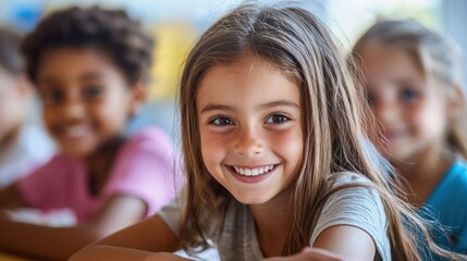 Obraz premium A young girl smiling in a classroom with other children.