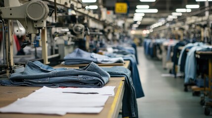 Obraz premium A jeans manufacturing assembly line with folded jeans on tables and sewing machines in the background.