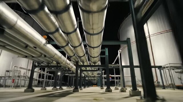 Low angle view of pipes suspended above dark ground with support columns at night