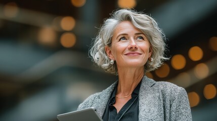 Portrait Of A Smiling Senior Woman With Gray Curly Hair Holding A Tablet In A City Setting