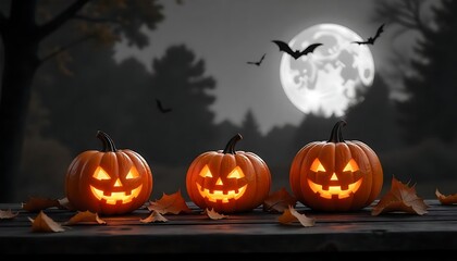 Spooky carved pumpkins illuminate a dark Halloween night with bats flying in front of a bright full moon