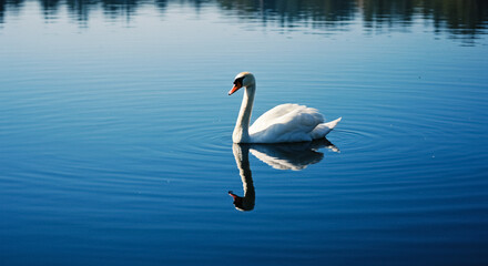 Fototapeta premium Graceful White Swan on blue vibrant Lake at Dawn - Tranquil Nature Reflection