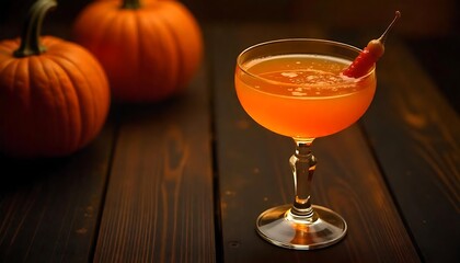 Festive pumpkin spice cocktail with a chili pepper garnish on a dark wood surface creates an autumnal ambiance.