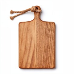 An overhead shot of a wooden cutting board with a rope handle. The board exhibits natural wood grain. It is a classic kitchen utensil with a focus on the natural texture of wood.