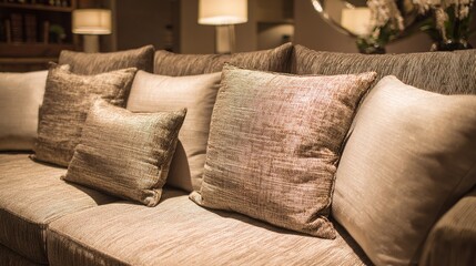 A contemporary sofa with textured neutral-toned cushions in an elegant living space.