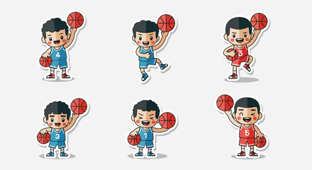 Cartoon illustration of six basketball players in different poses, wearing blue and red uniforms, holding basketballs.