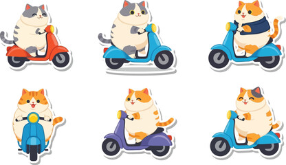 Playful cartoon cats riding colorful scooters, showcasing various poses and expressions.