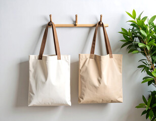 Stylish reusable shopping bags hanging in a minimalist home with green plants for sustainable lifestyle