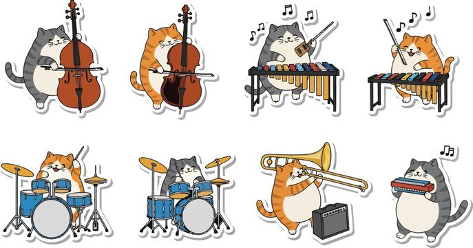 Adorable cartoon cats playing various musical instruments in a whimsical orchestra setting.