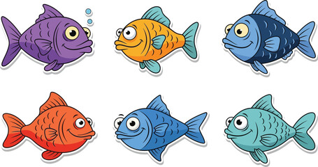 Six cartoon fish illustrations in different colors and expressions.