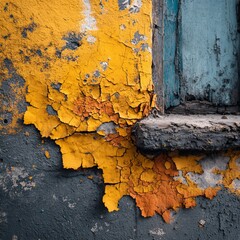 An aged, distressed wall shows the beauty of decay, texture, and color. Peeling paint in vibrant yellow and hints of blue create an intriguing visual experience