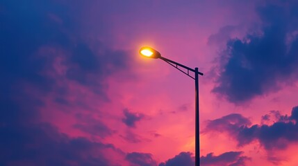 A streetlight with a glowing yellow light against a vibrant, colorful sky with clouds.