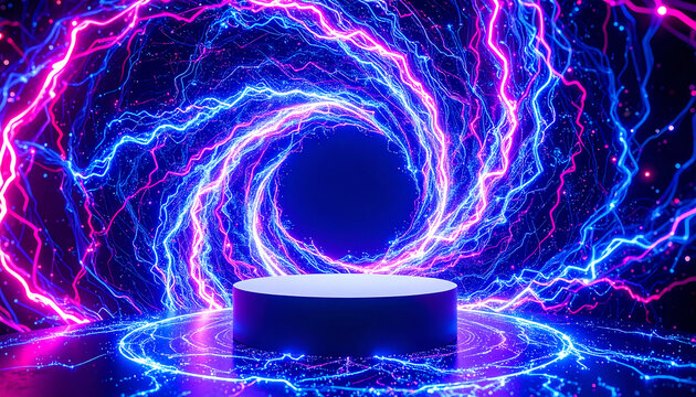 Futuristic platform radiates vibrant energy, perfect for showcasing cutting edge technology or innovative products