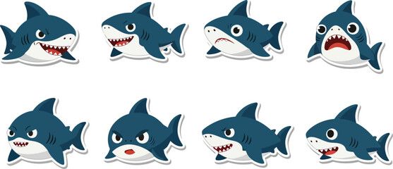 Eight cartoon sharks displaying various expressions, from angry to surprised. © Ikhbal