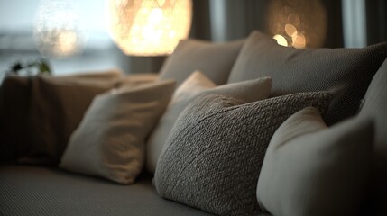 A contemporary sofa with textured neutral-toned cushions in an elegant living space.