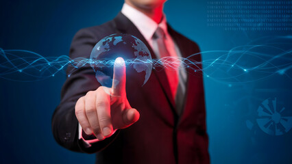 Businessman touches digital globe, symbolizing global connection and technology