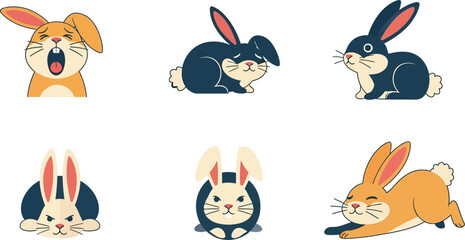A collection of cartoon rabbits showcasing various emotions and poses in a colorful illustration.