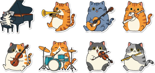 A collection of cartoon cats playing musical instruments, performing together.