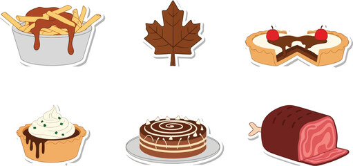 Illustration of Canadian foods: poutine, maple leaf, butter tart, meat pie, cinnamon cake, and tourtière.