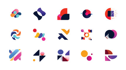A set of abstract vector icons for web design, a collection of corporate business logos, and a group of signs and symbols