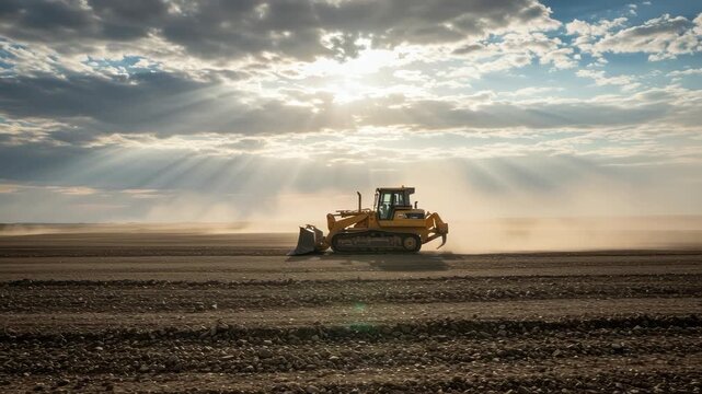 Dusty plains construction, bulldozers at golden hour light agricultural earthmoving projects