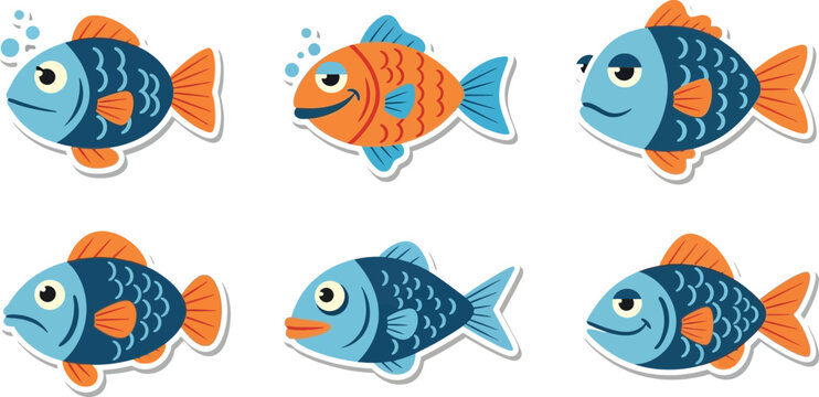 Cartoon fish illustrations in various poses.