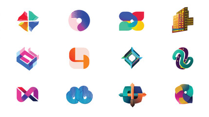 A collection of colorful geometric and abstract shapes in a circle for a modern web or business logo design