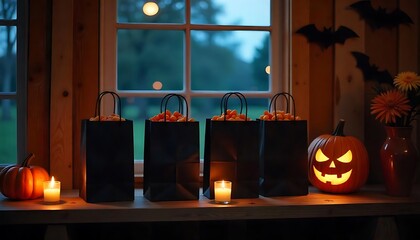 Spooky Halloween display featuring jack-o'-lanterns, black candy bags and glowing candles in a rustic setting ready for trick-or-treaters.