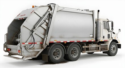 Side view of a garbage truck with a rear loader, parked on a white background.