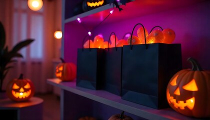 Spooky Halloween decor features jack-o'-lanterns, glowing lights, and mysterious shopping bags on a shelf, adding festive atmosphere.