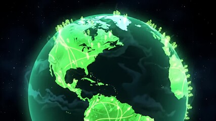 Cartoon globe with green glow shows continents and illuminated points in space - Powered by Adobe