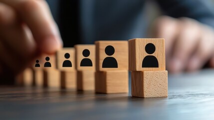 A hand arranging wooden blocks with human figures on them.