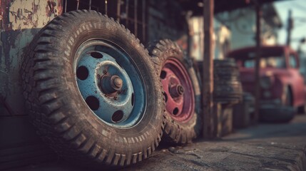 Rusty Vintage Tires and Wheels Against a Building Exterior